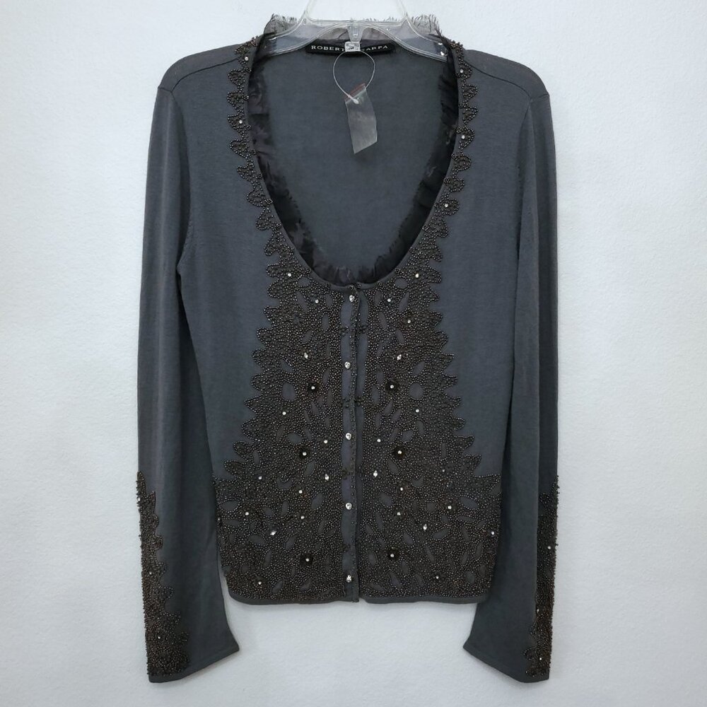 Roberta Scarpa Wool Silk Blend Lace Trim Beaded Knit Cardigan Sweater Size 12